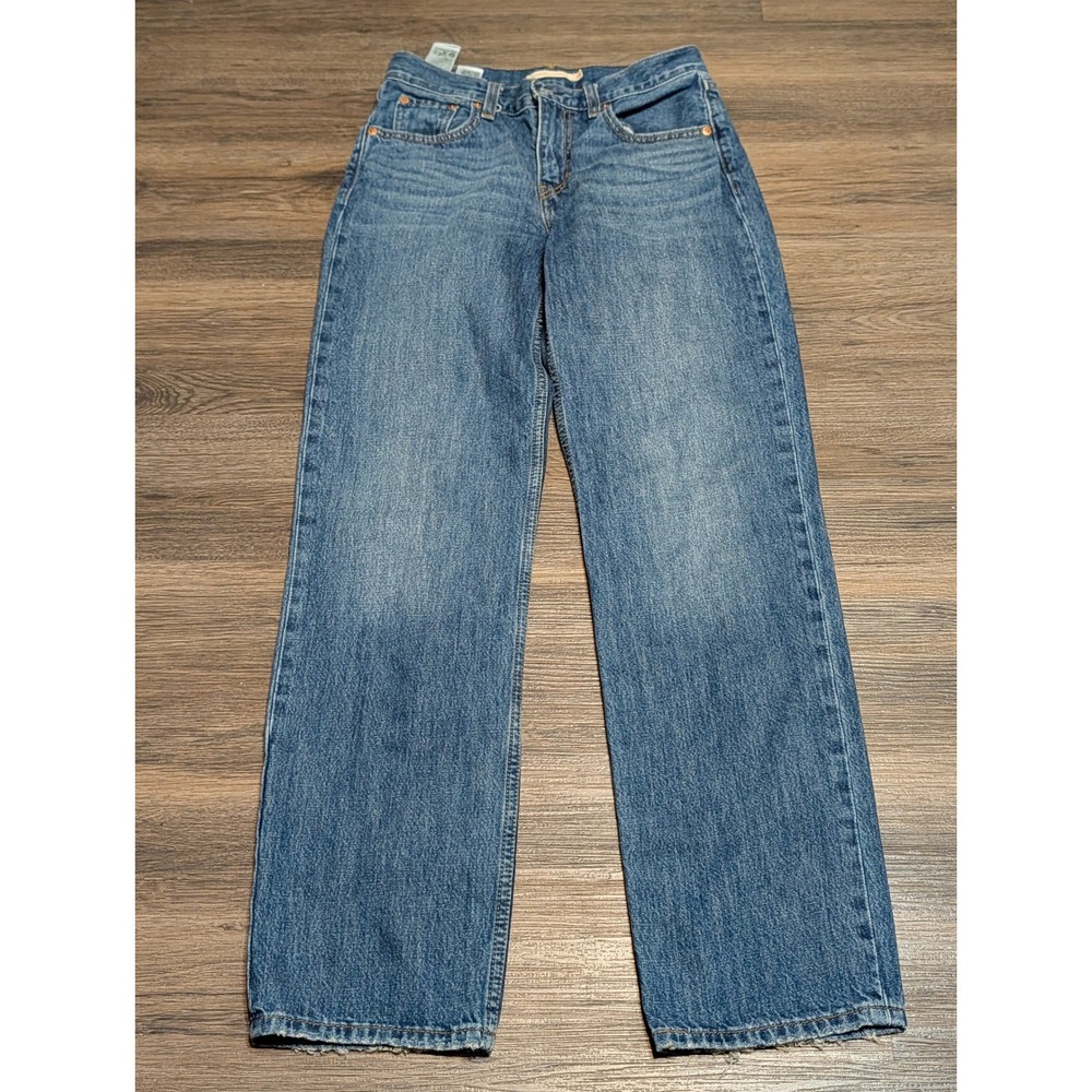 Levis Low Pro Straight Jeans Womens 25 Medium Wash Blue Denim Distressed Hem